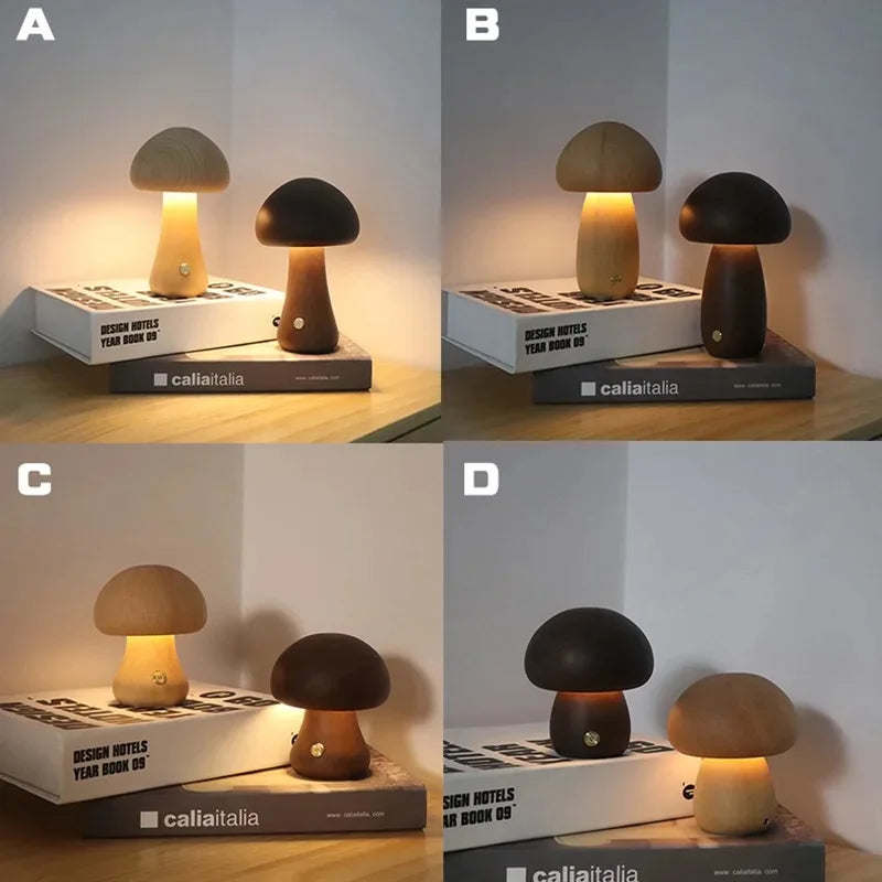 LED Night Light With Touch Switch Wooden Cute Mushroom Bedside Table Lamp For Bedroom Night Lamps