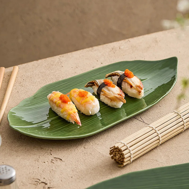 Japanese Bamboo Leaf-Shaped Ceramic Sushi Plate