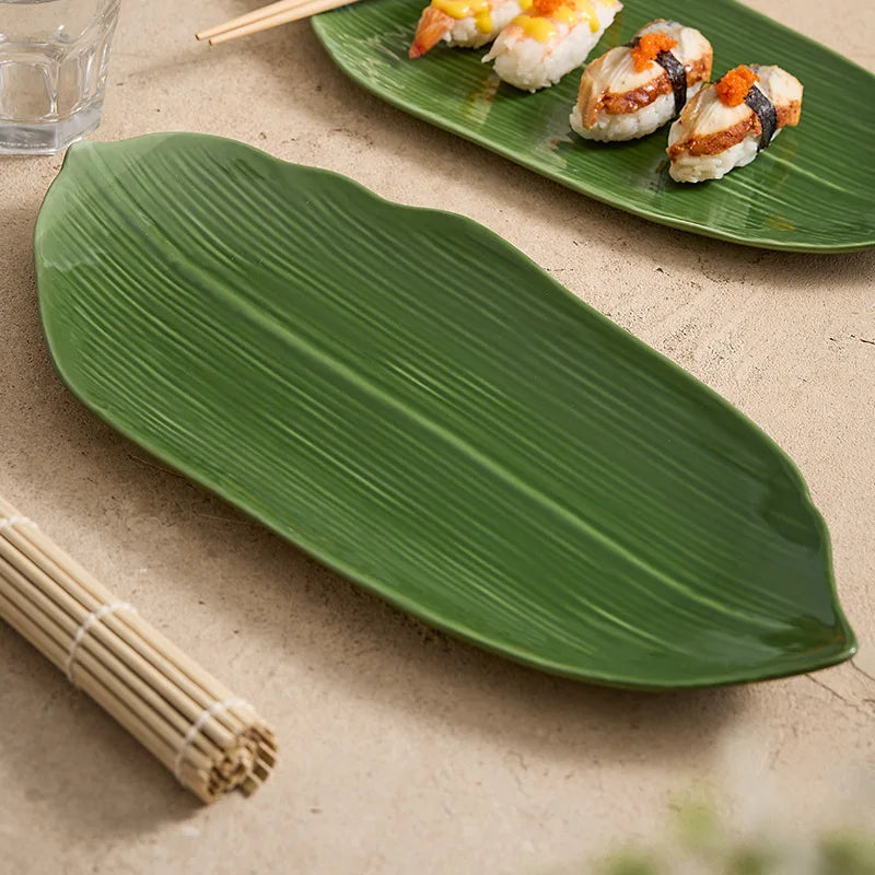 Japanese Bamboo Leaf-Shaped Ceramic Sushi Plate