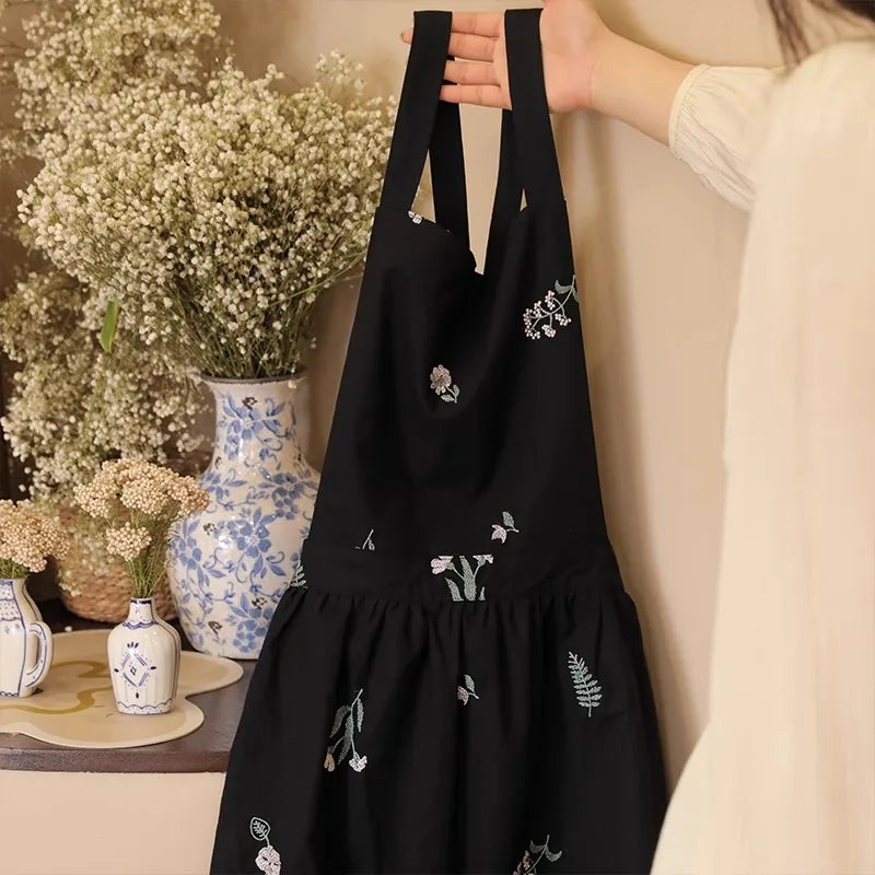 Waterproof Cotton Embroidered Kitchen Apron for Women – Cross-Back Long Skirt Pinafore with Pockets