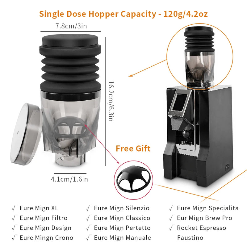 Coffee Grinder Single Dose Hopper with Bellows – Cleaning Tool for Eureka Mignon and Helios