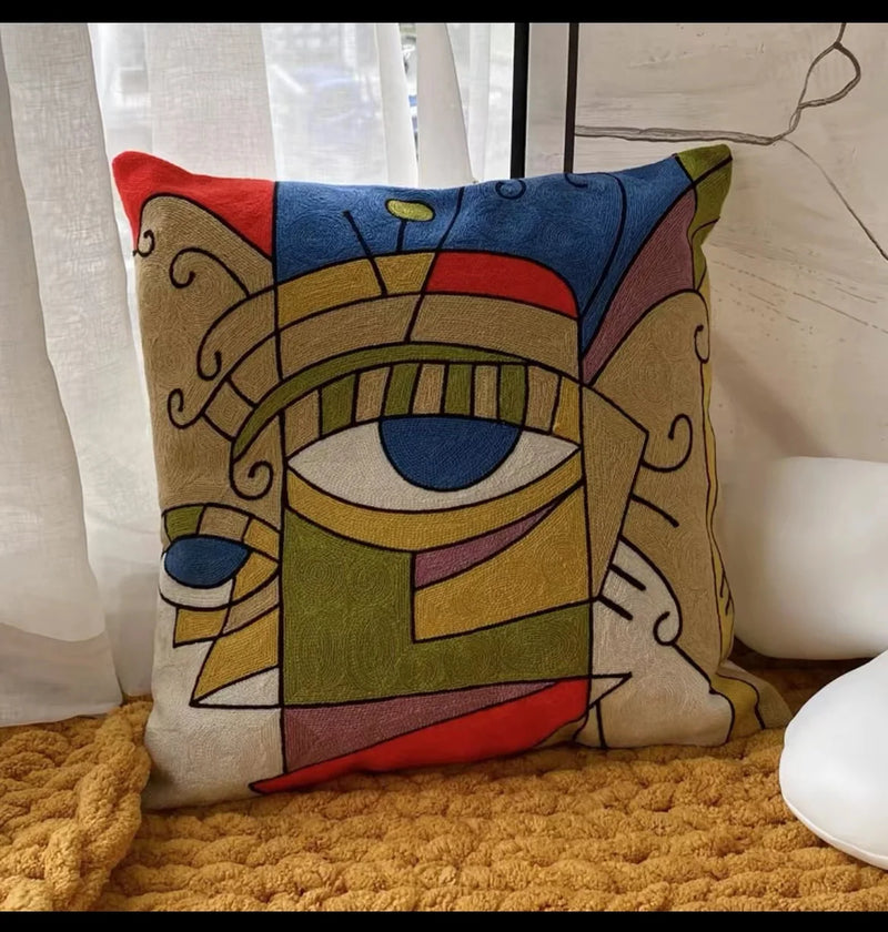 Picasso-Inspired Abstract Embroidered Cushion Cover