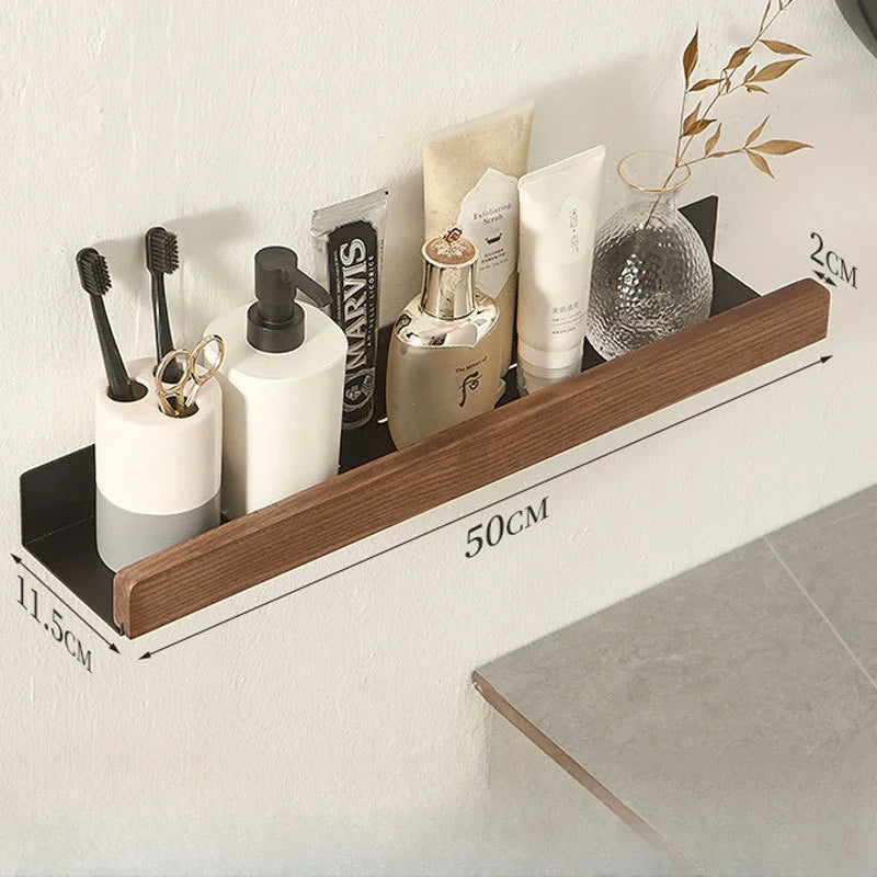 Solid Wood Adhesive Bathroom Shelf – Wall-Mounted Storage Organizer for Bathroom & Beyond