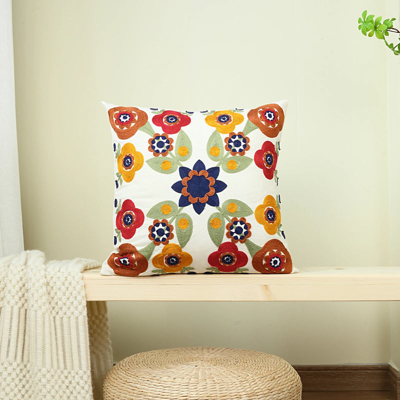 Vibrant Canvas Flower Embroidery Pillow Cover – Decorative Elegance for Home