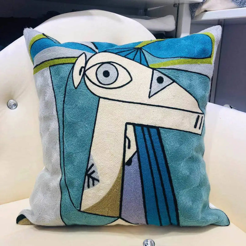 Picasso-Inspired Abstract Embroidered Cushion Cover