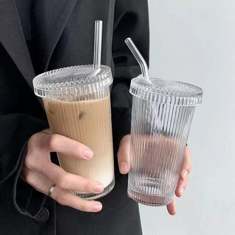 Stripe Glass Cup with Lid Straw Drinking Chic Mugs Milk Coffee Drinkware Tea Gifts Glasses