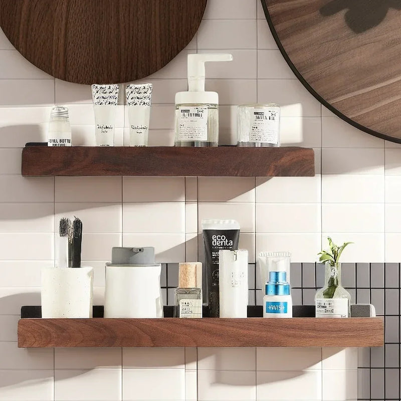 Solid Wood Adhesive Bathroom Shelf