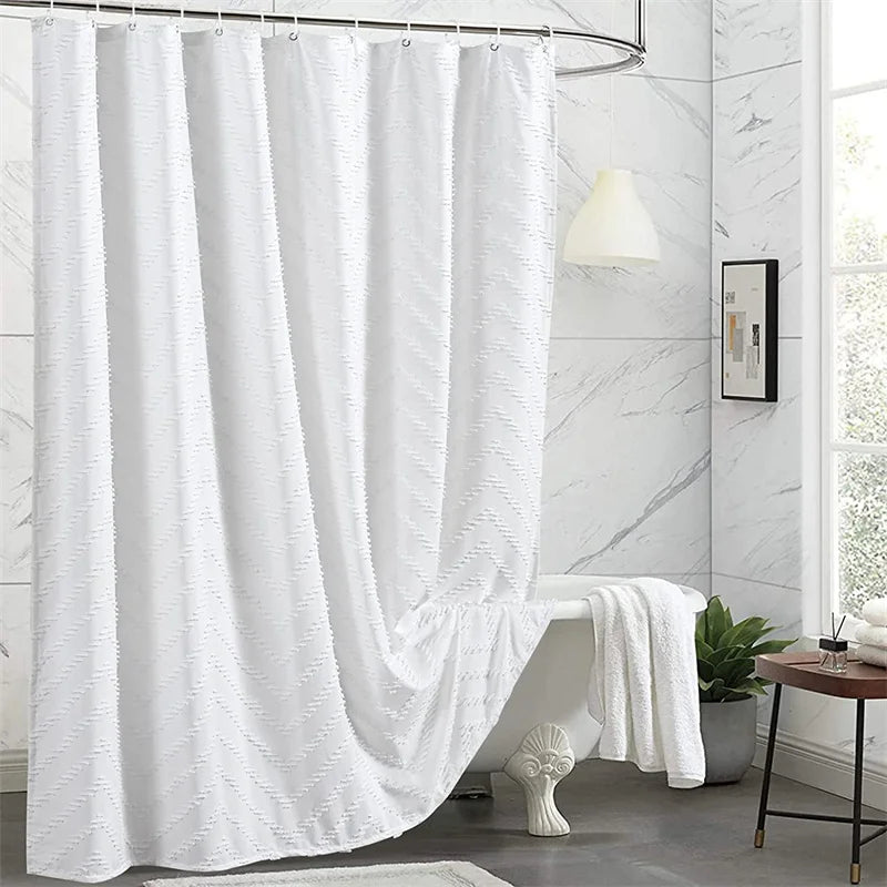 White Woven Fabric Shower Curtain – Modern Farmhouse Style